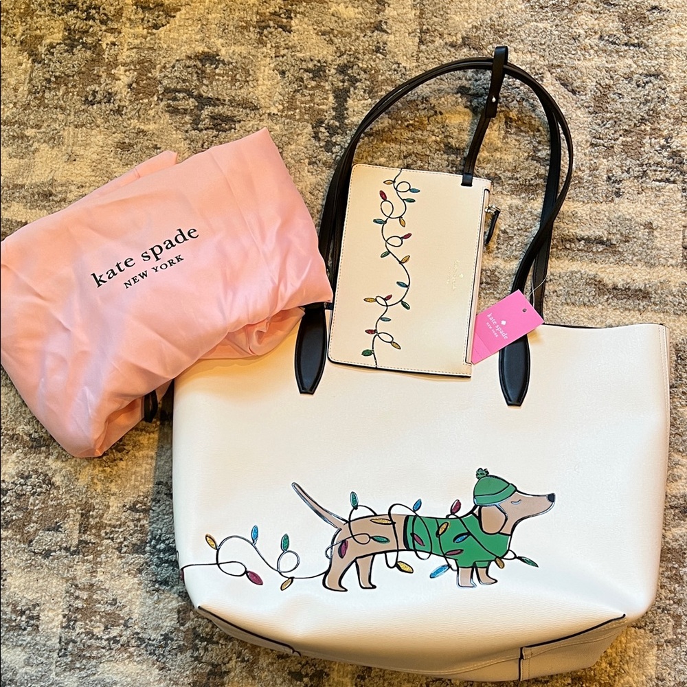 Kate Spade Cream Tote and Clutch with Festive Dog Design NEW W/TAGS